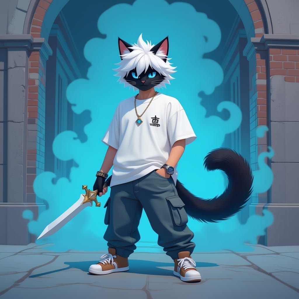 Casual Cat-Man with Dagger in Mystical Realism Style