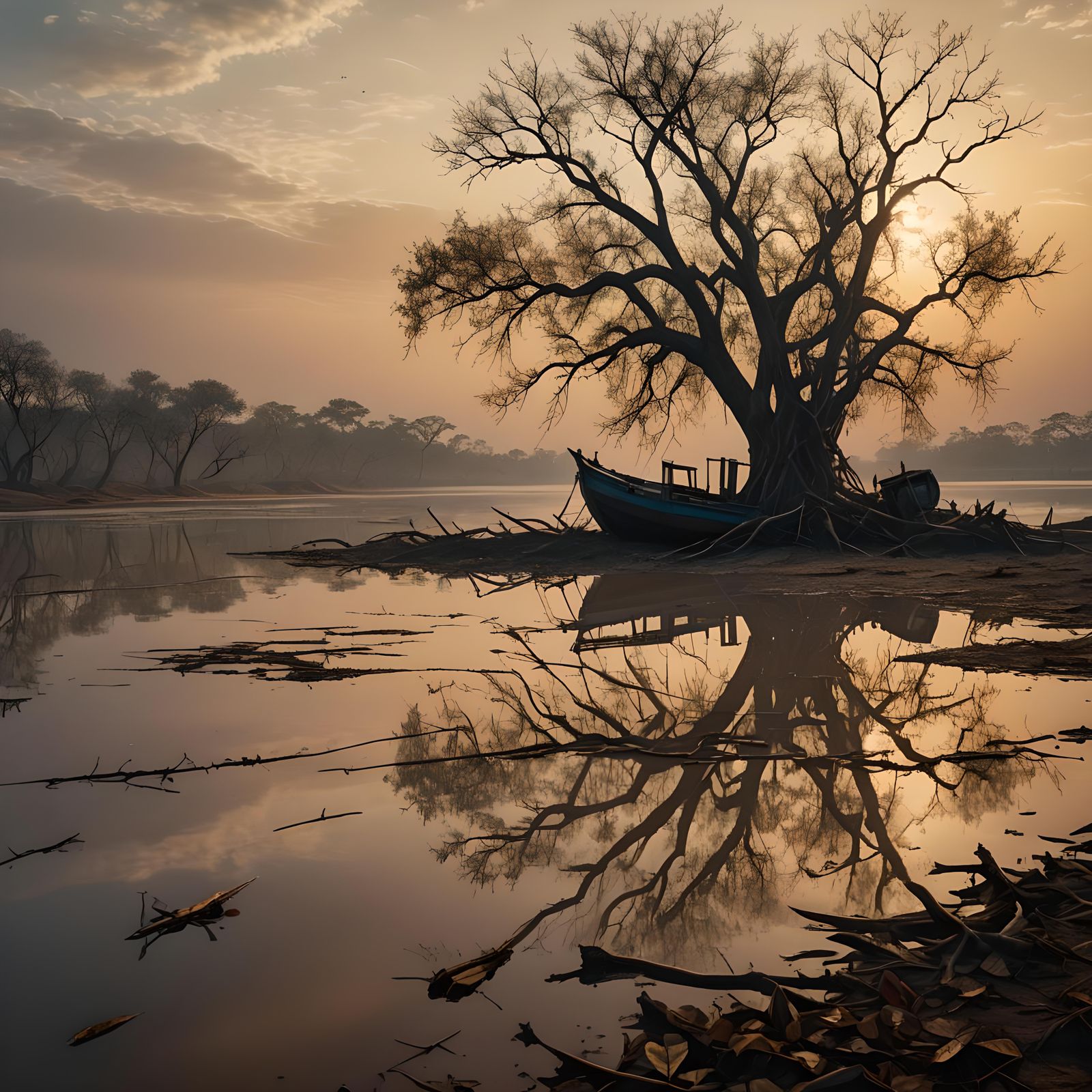 Lonely Fishing Boat at Sunset: Hyperrealistic Fantasy Art