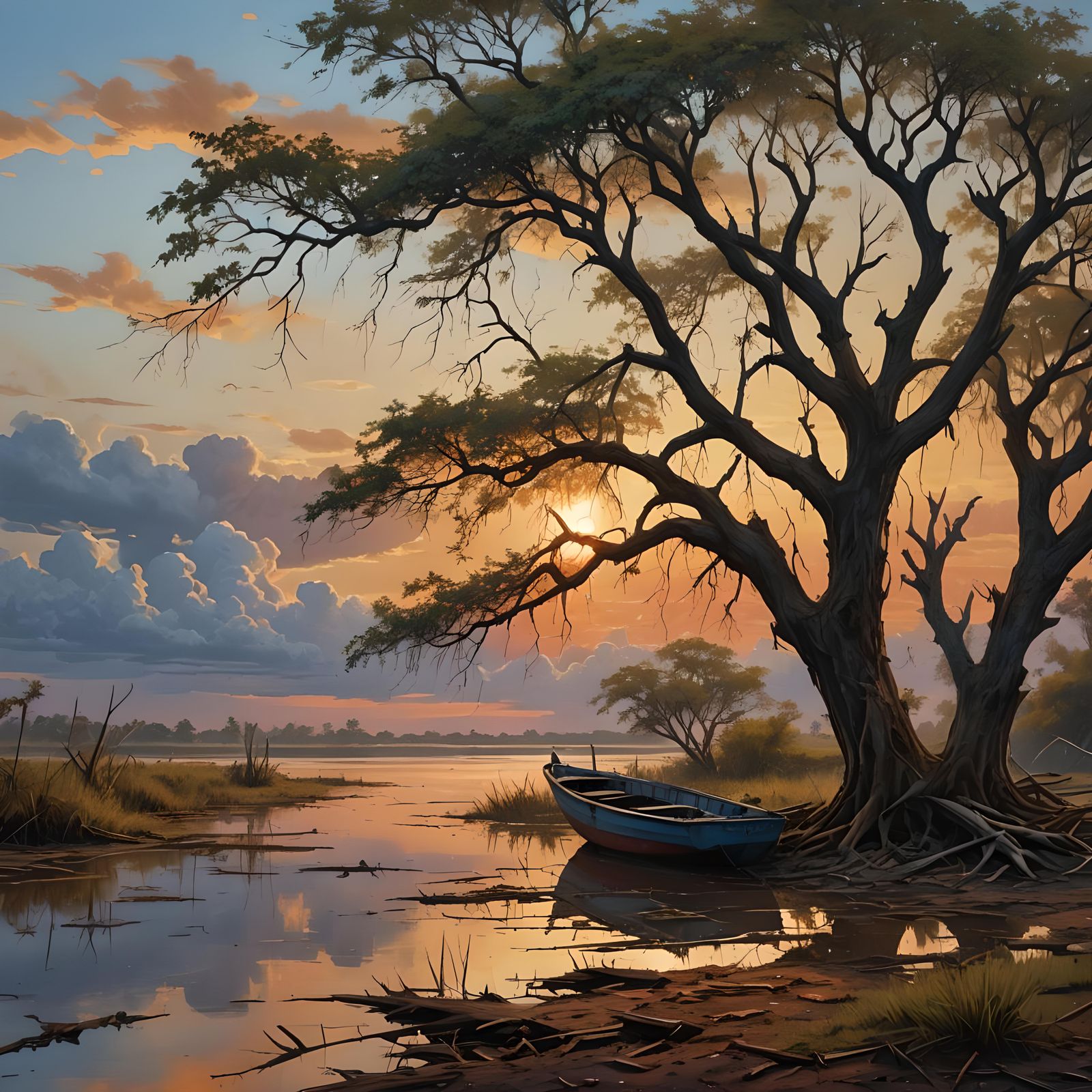 Lonely Boat and Tree at Sunset: Hyperrealistic Digital Art