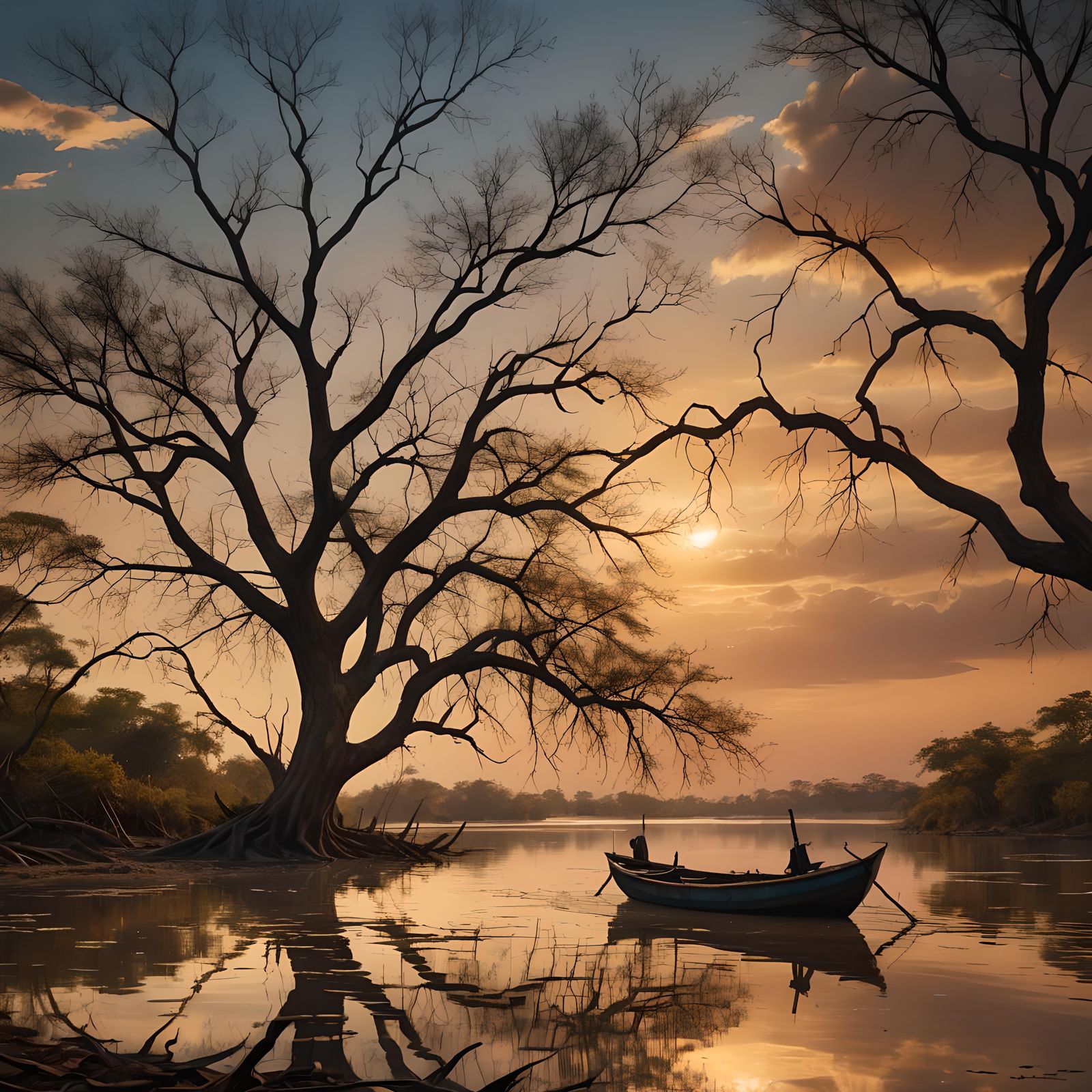 Lonely Fishing Boat at Sunset on Orinoco River