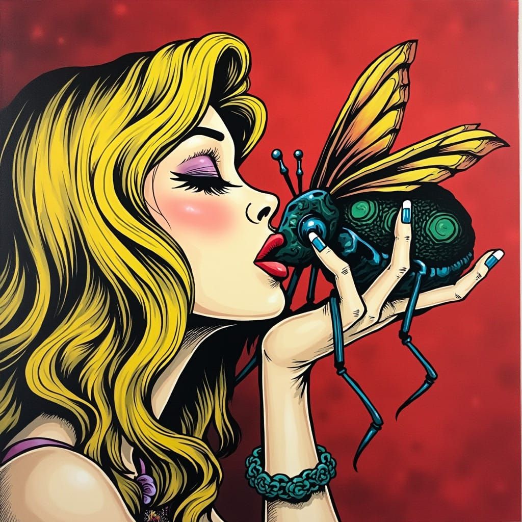 Pop Art Paris Hilton Kissing a Bug in Tim Burton Style