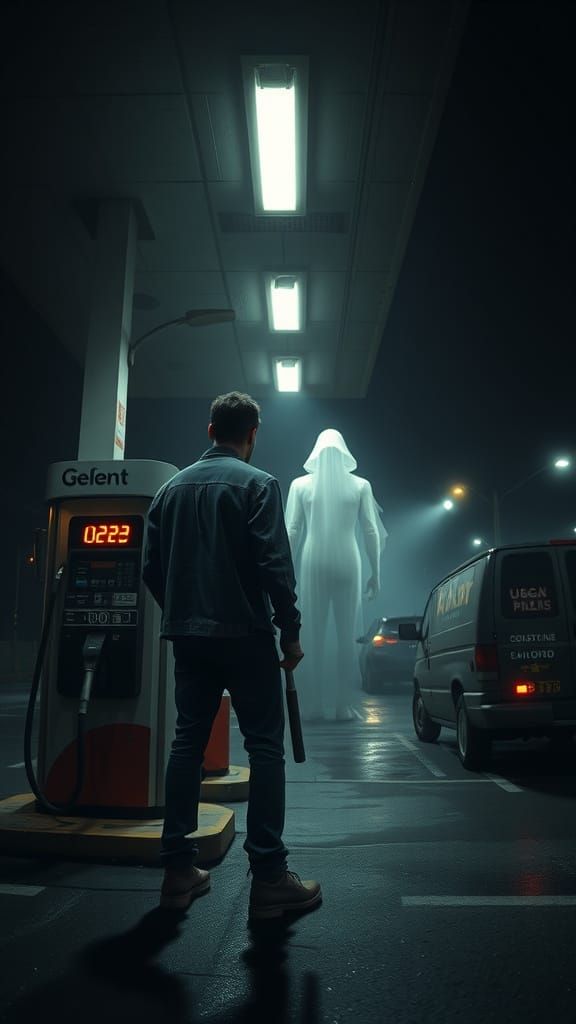 Eerie Late-Night Gas Station Encounter in Cyberpunk Style