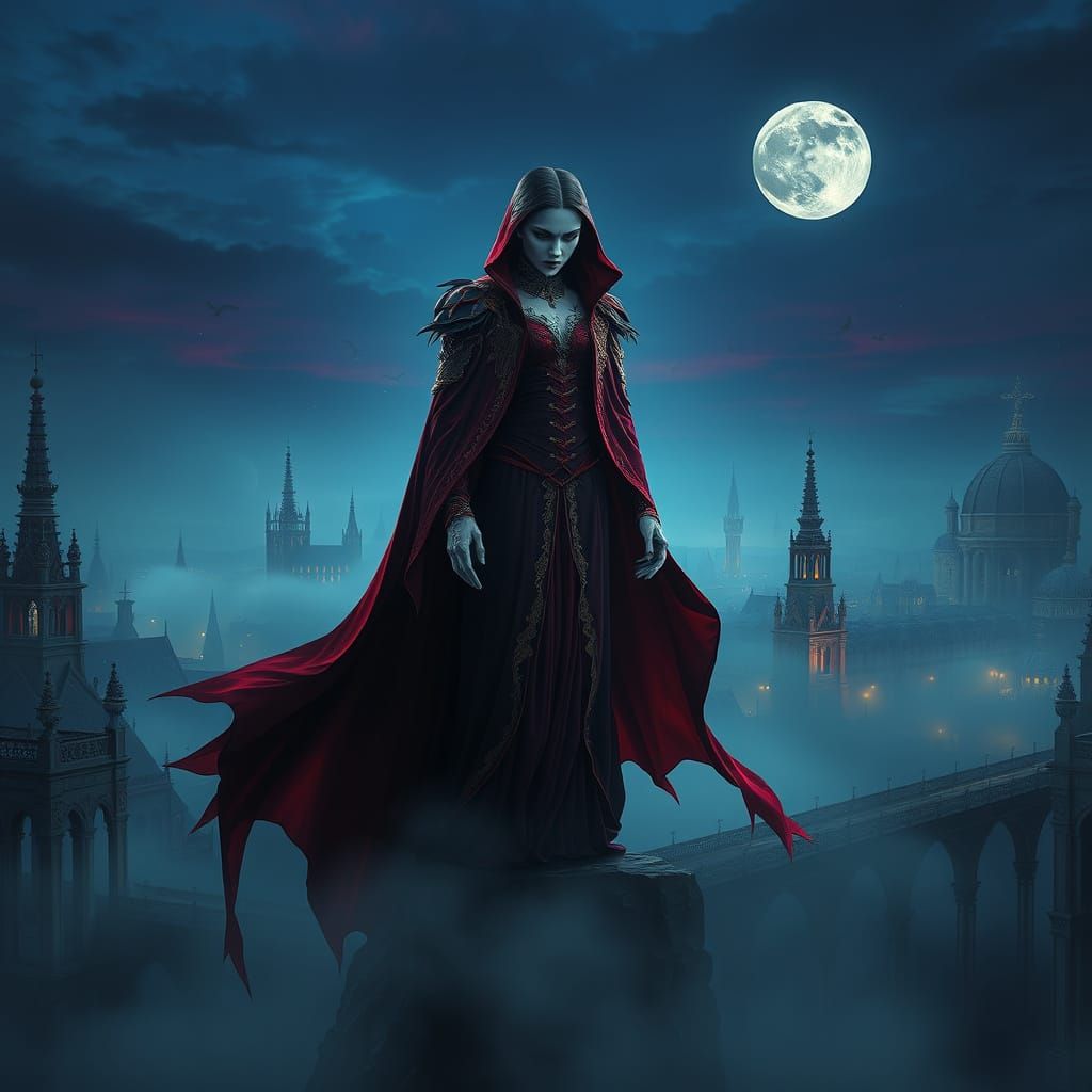 Gothic Vampire Lord Reigns Over a Midnight Cityscape