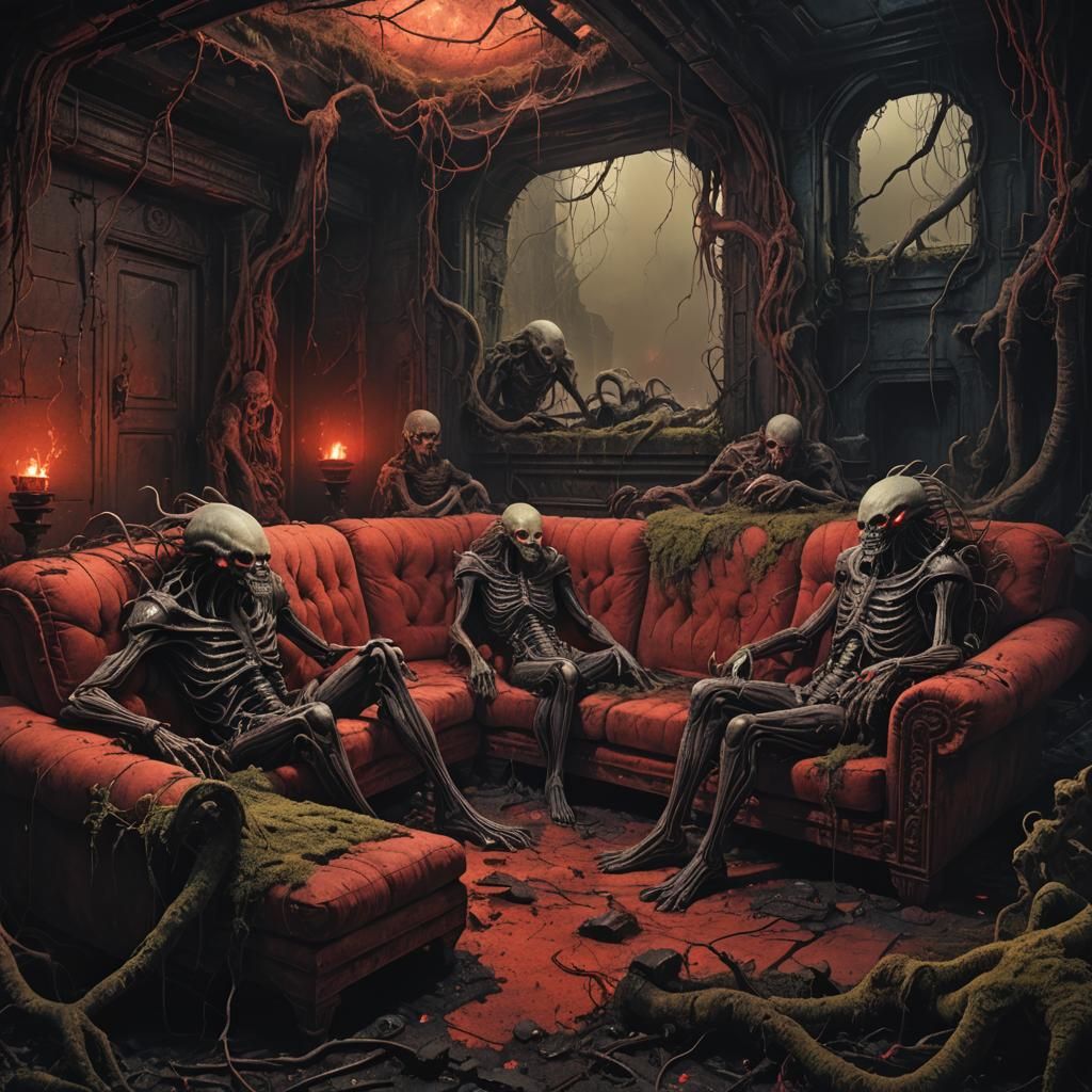 Monsters Lounging in Ruins: A Dark Fantasy Illustration