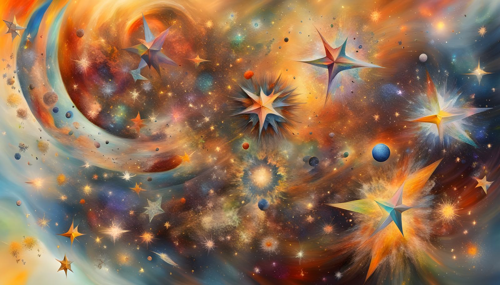 Dreamy Stars Travel Through Cosmic Vortex in Chagall Style