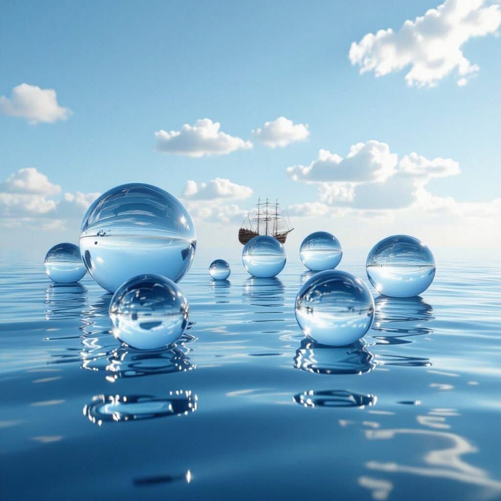 Hyper-Realistic Seascape with Floating Water Spheres