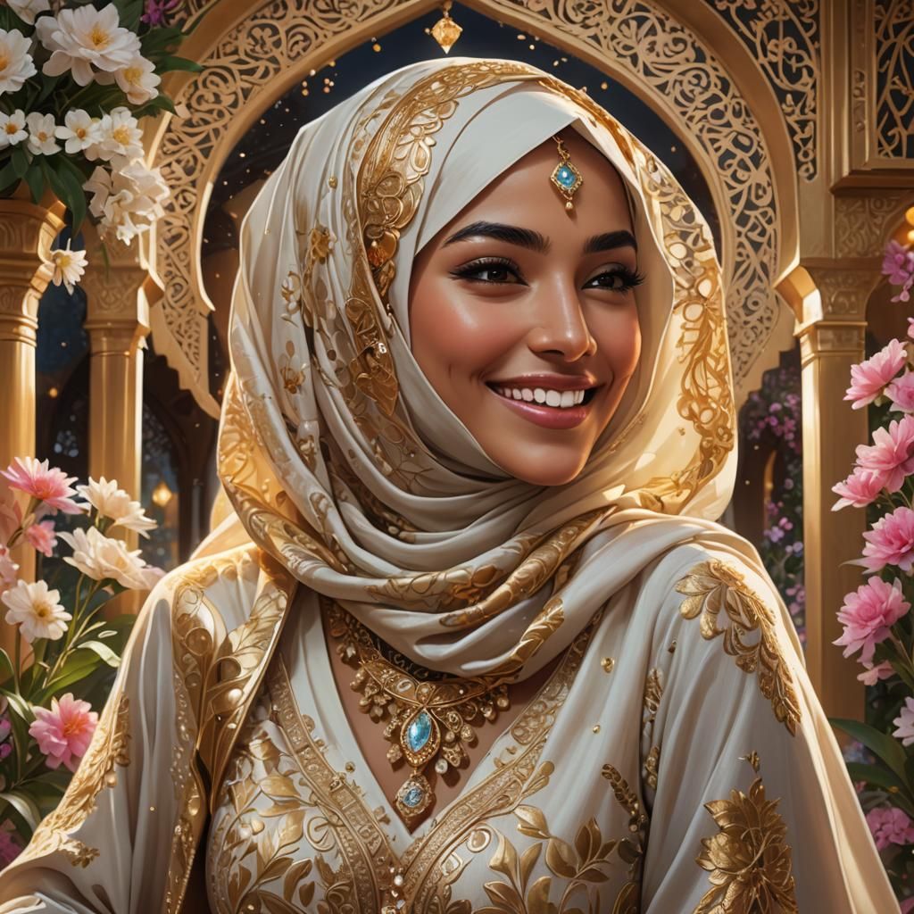 Stunning Arabic Woman in Floral Pavilion, Digital Art