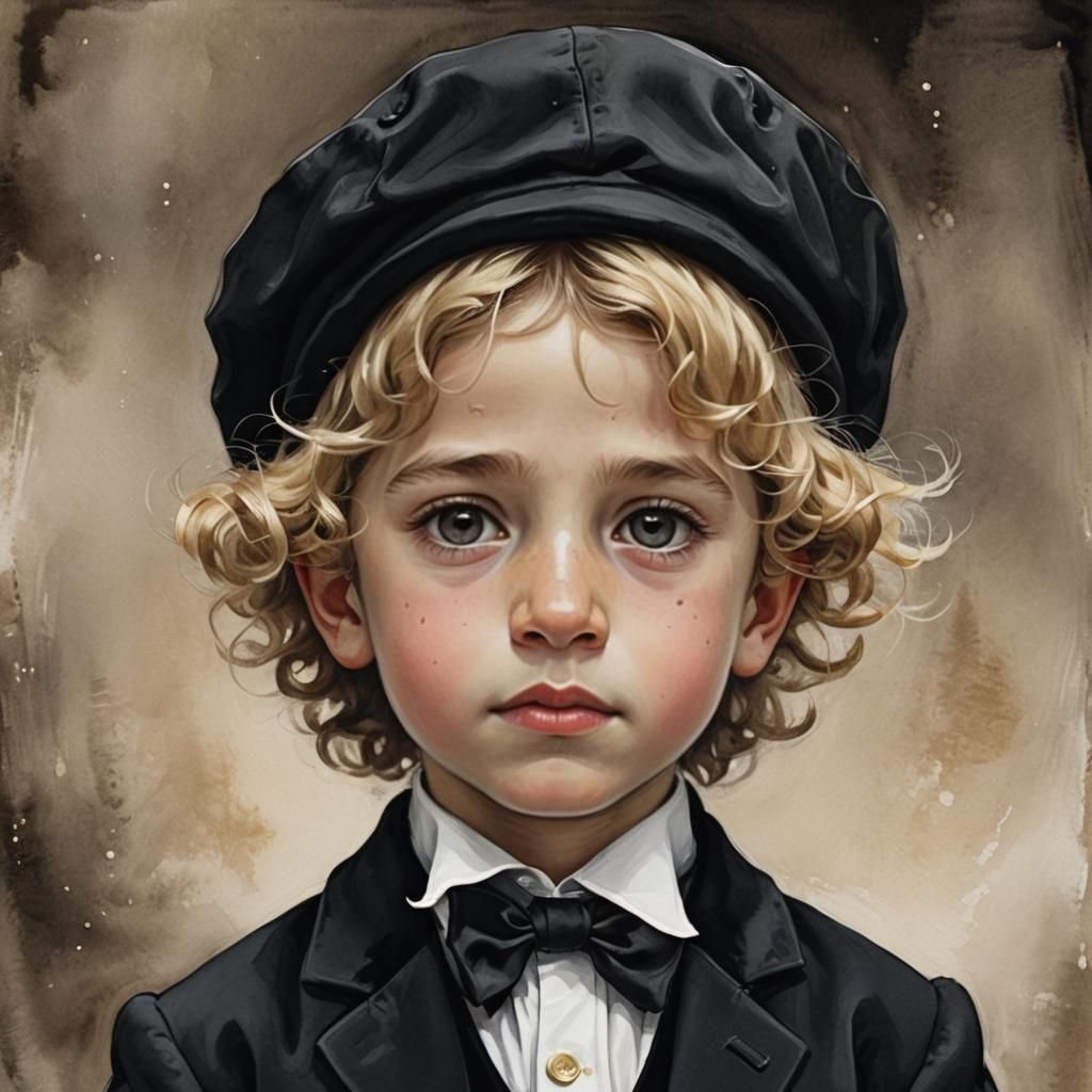 Young Hasidic Boy in Traditional Dress, Digital Matte Painti...