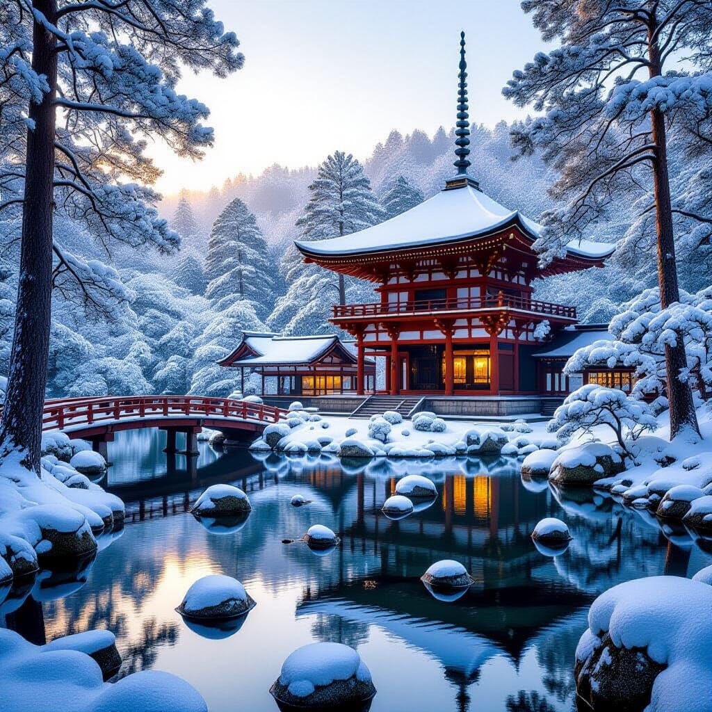 Serene Winter Temple at Sunrise with Golden Light