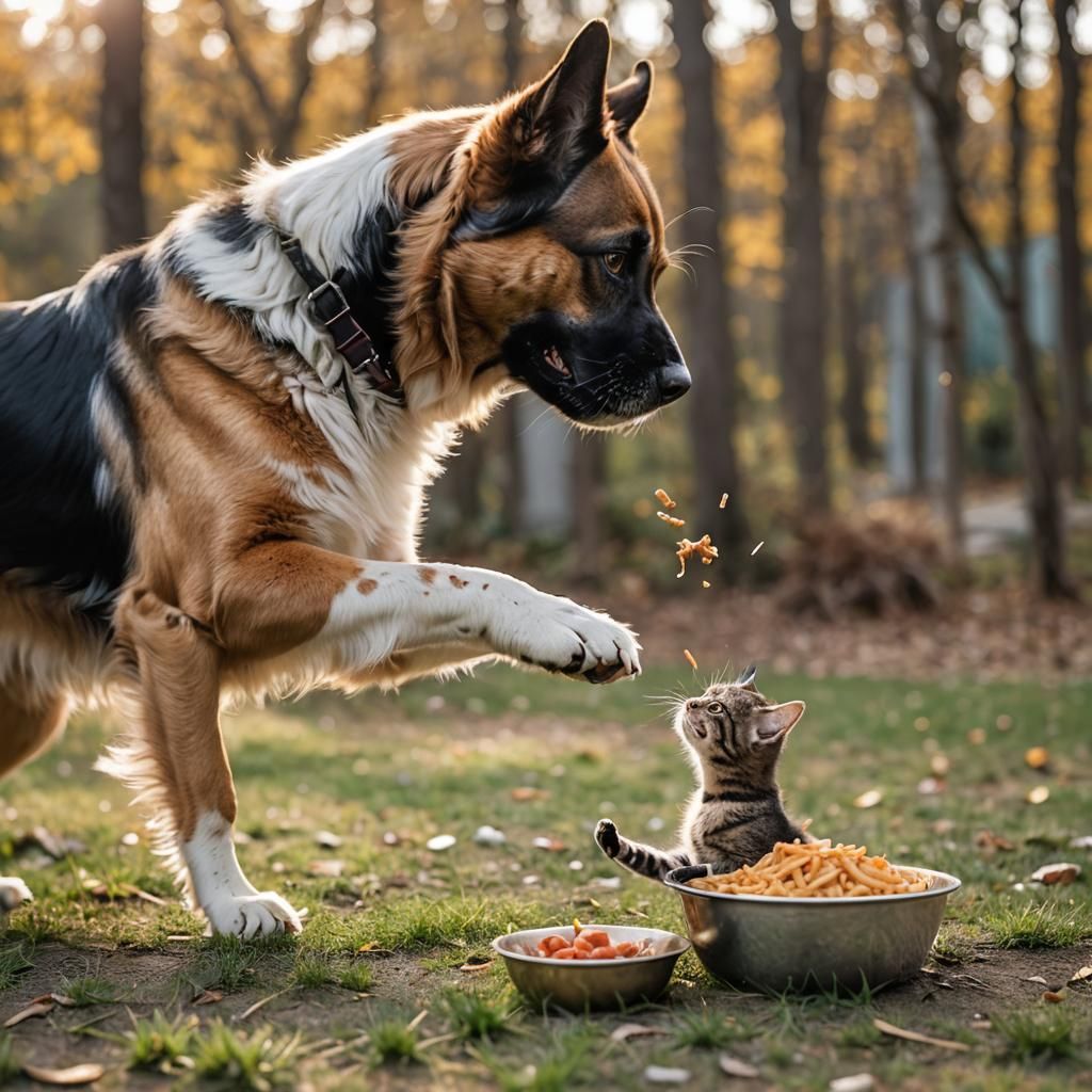 Dog and Cat Playful Meal: Professional Photography