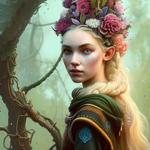 Elven Nordic Girl Portrait with Flower Hair