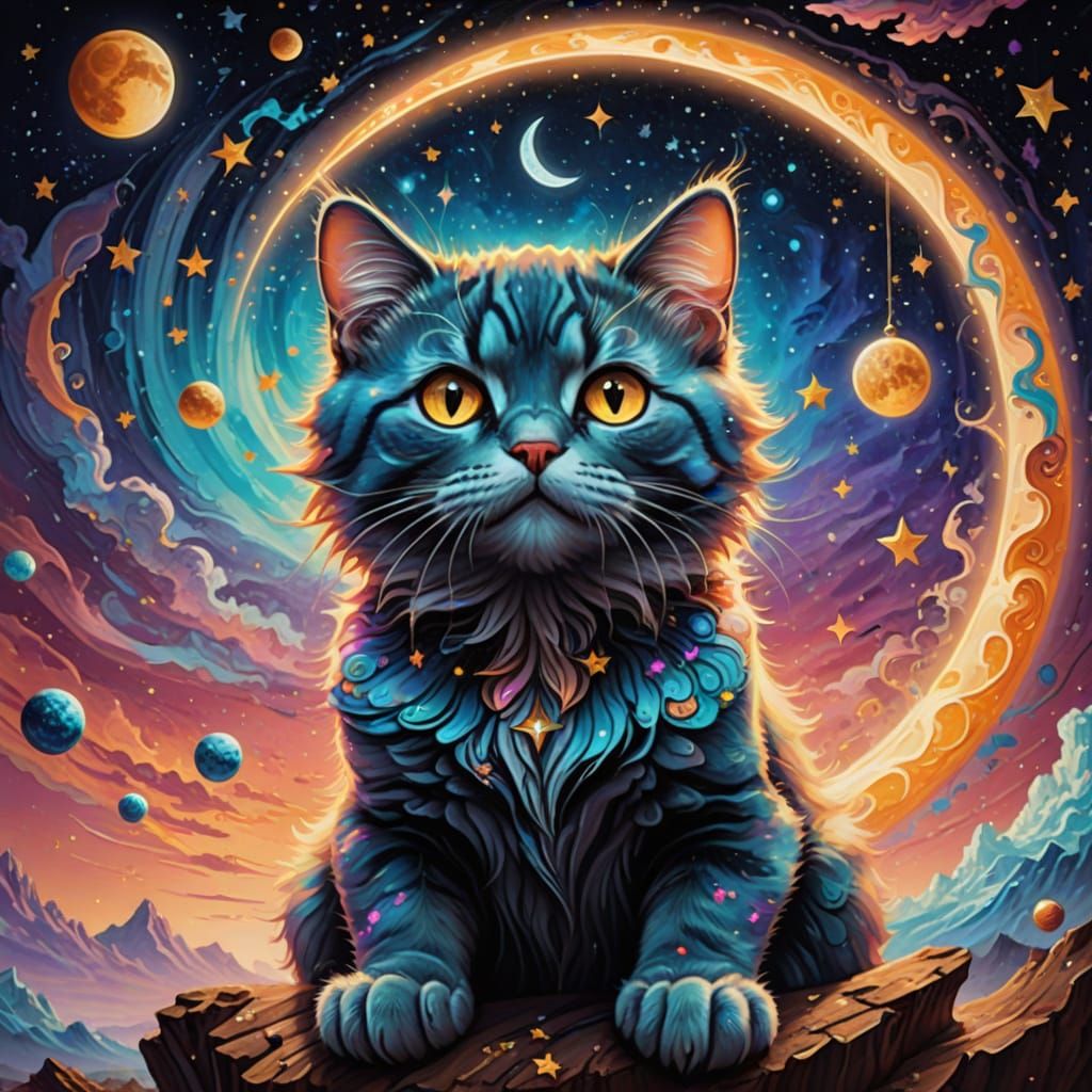 Giant Kitten Plays With Moon in Psychedelic Sky