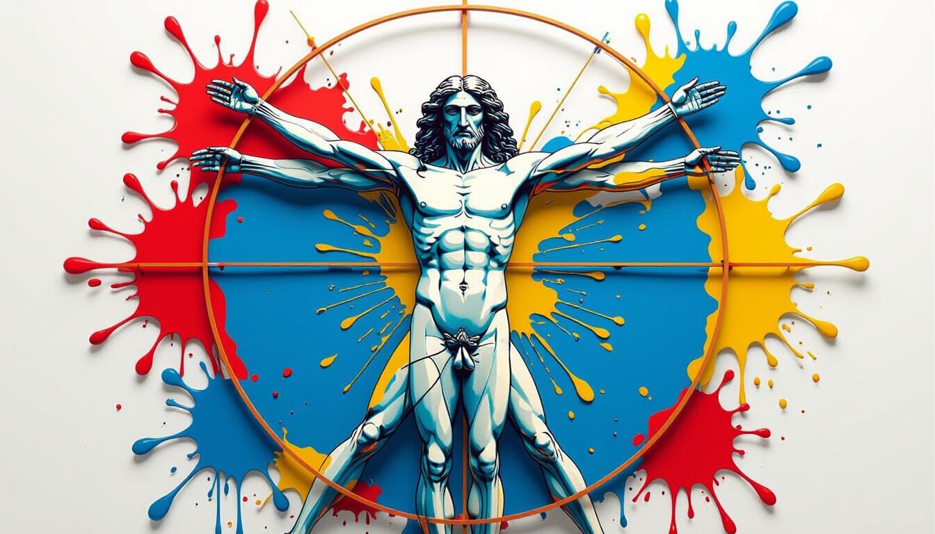 Vitruvian Man Formed By Vibrant Paint Splashes
