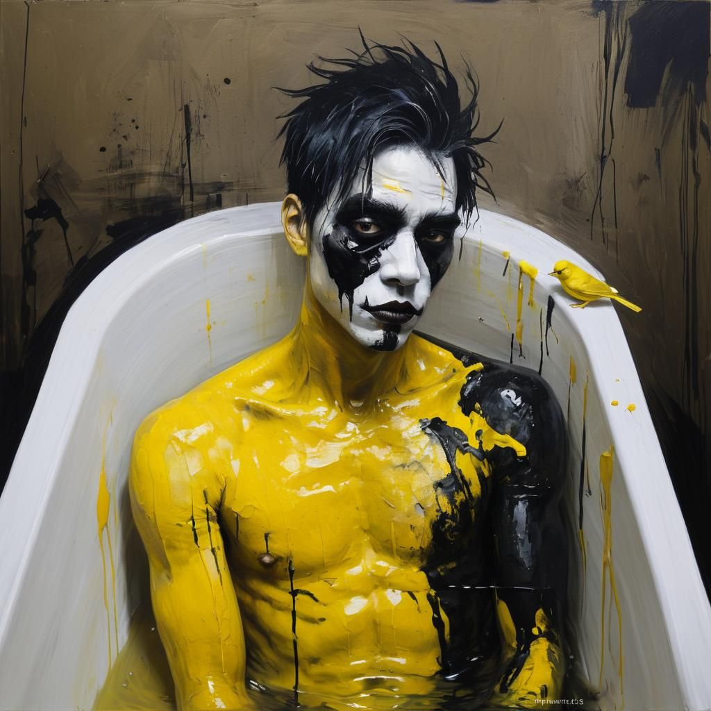 Gothic Scumbling Portrait: Man with Canary in Bathtub