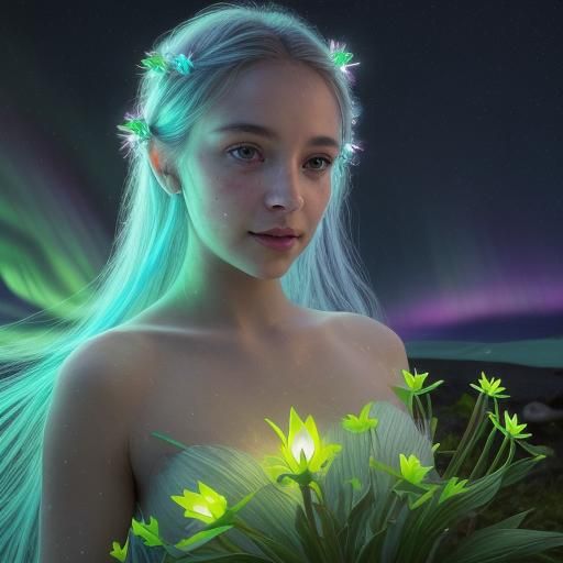 Divine Feminine Personification Amid Bioluminescent Bloomcor...