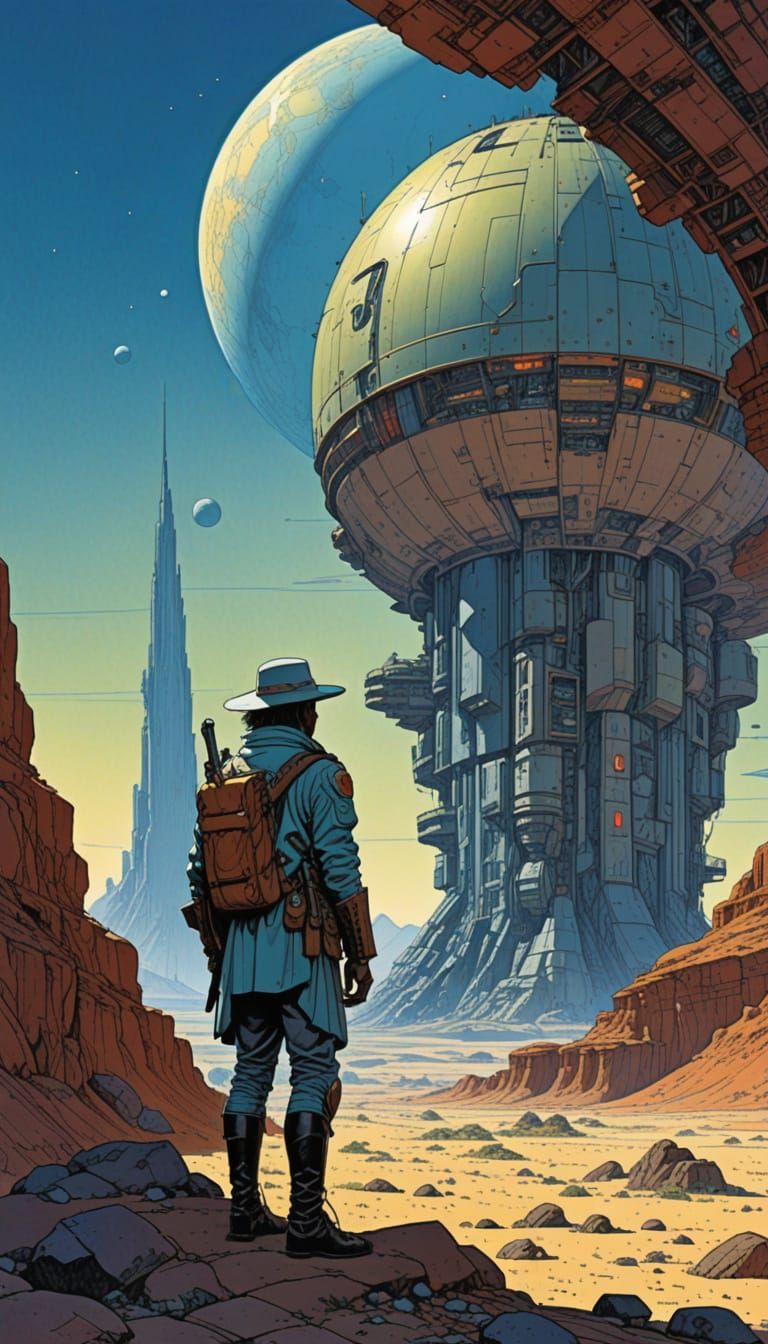 Moebius-Style Futuristic Exoplanet Landscape