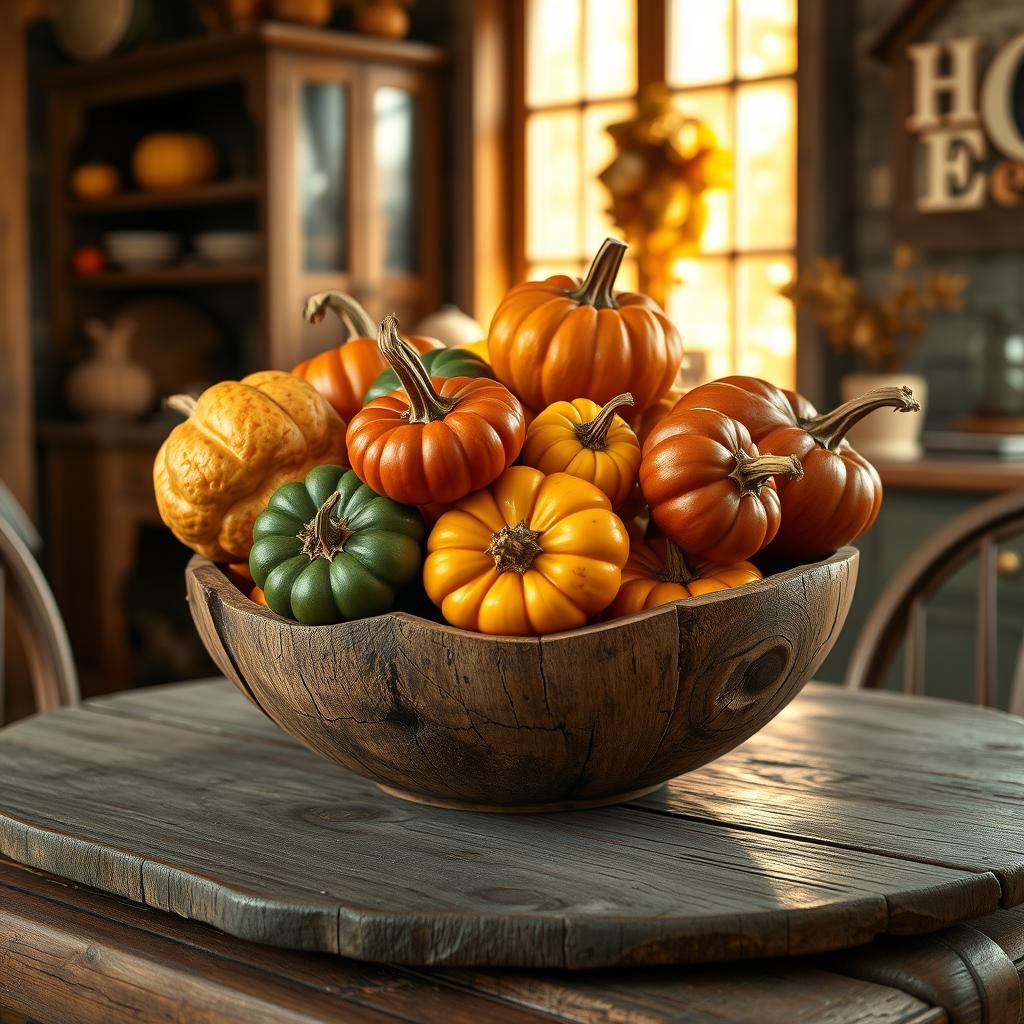 Autumn Gourds in Rustic Bowl, Hyperrealistic Concept Art