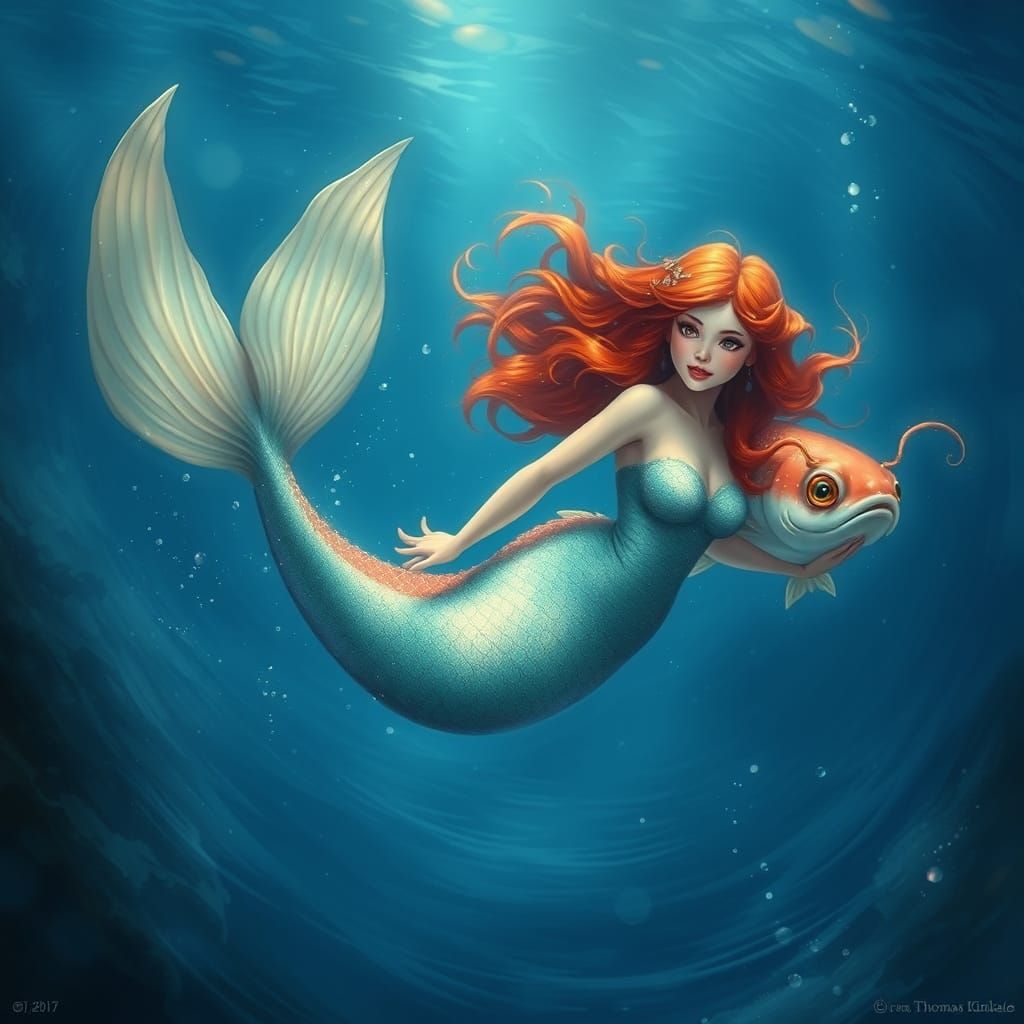 Mystical Mermaid in the Deep Blue Sea in Ethereal Fantasy St...