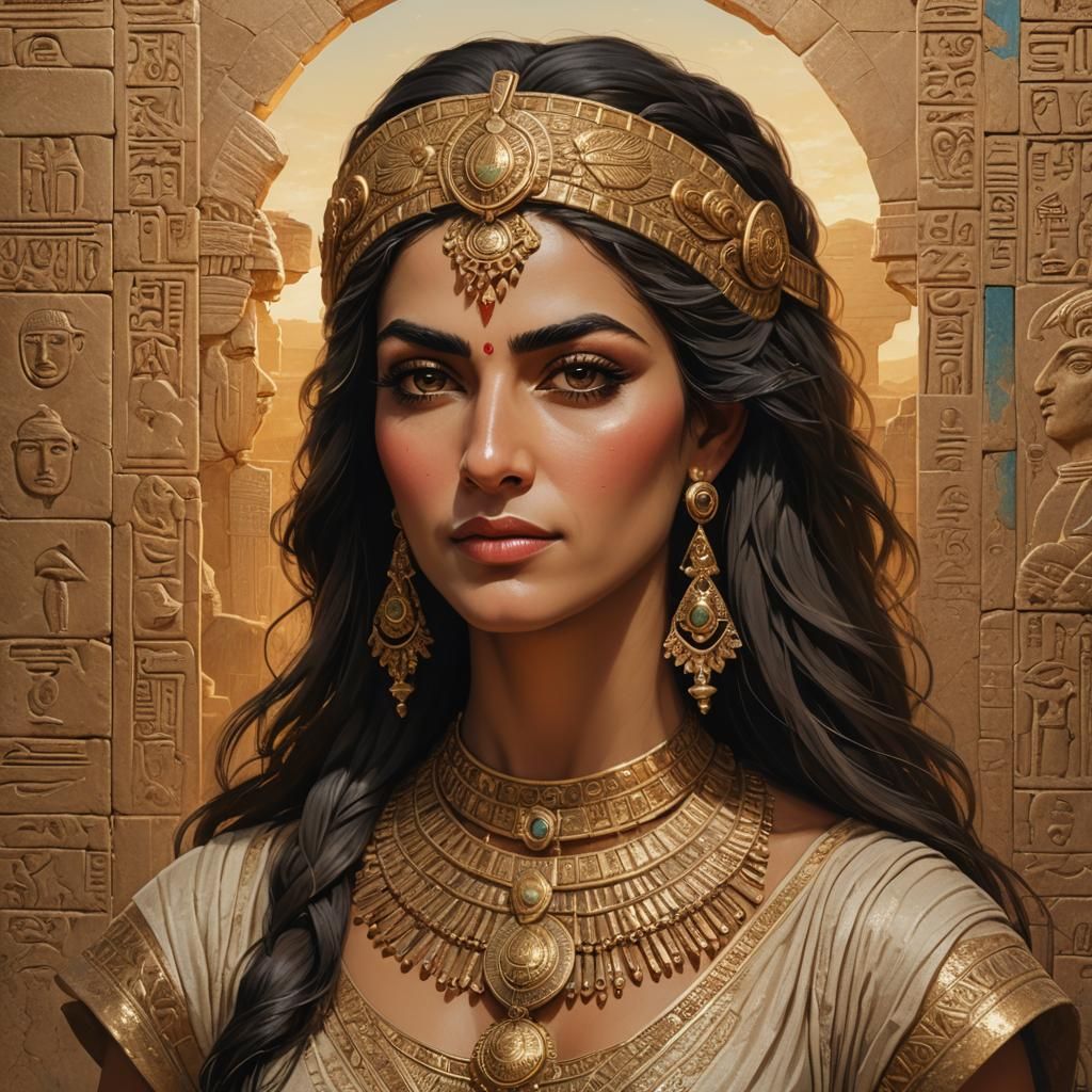 Exquisite Mesopotamian Goddess in Golden Hour Splendor