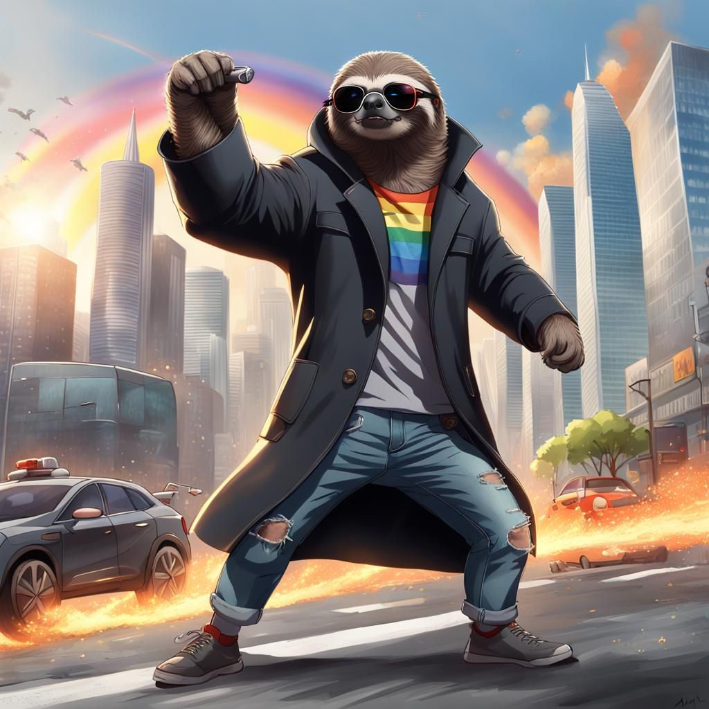 Sloth Superhero in Action Movie Scene