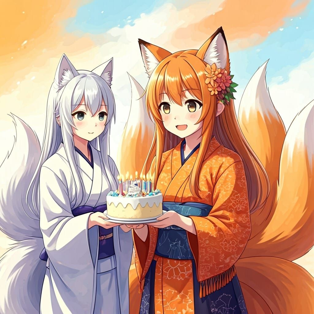 Anime Fox Girls Celebrate Birthday with Cake