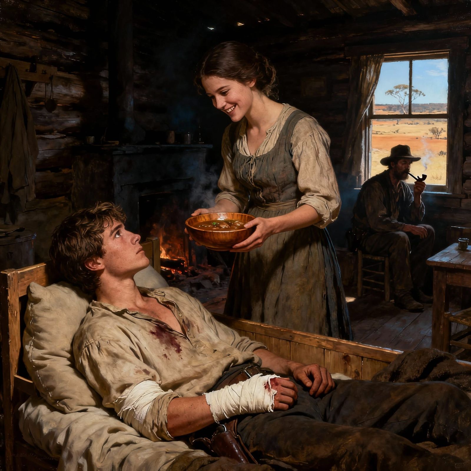 Bushranger Healed by Colonial Woman in Outback Cabin