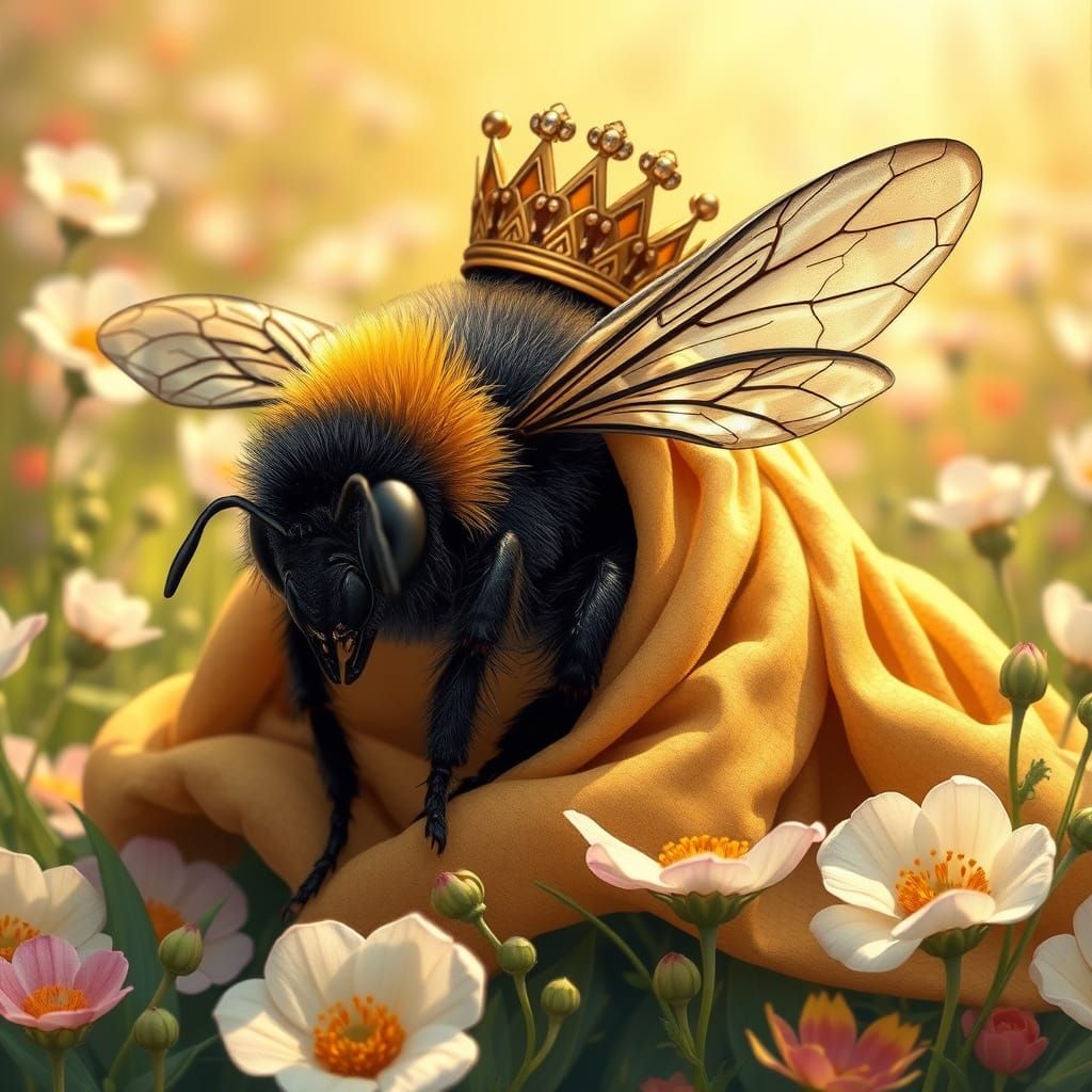 Queen Bumblebee in Floral Meadow, Art Nouveau Style