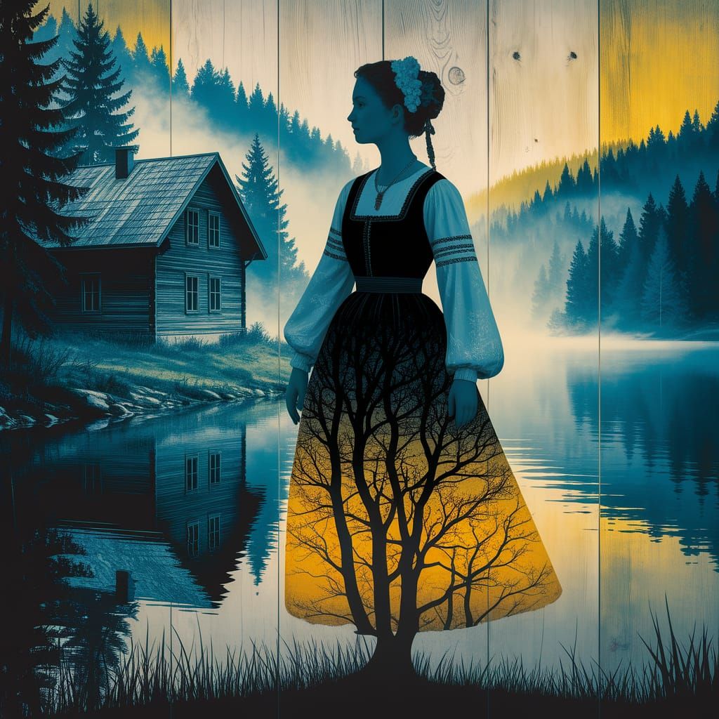 Ethereal Ukrainian Woman in Misty Lakeside Double Exposure