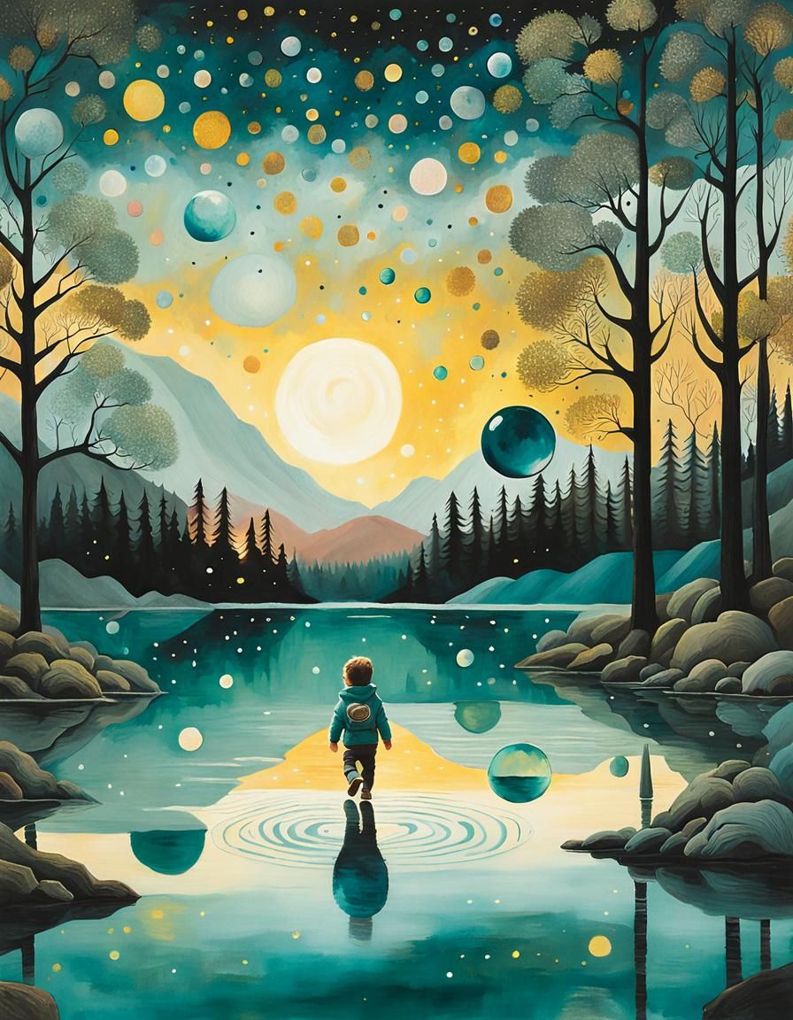 Toddler on Lake in Surrealist Style