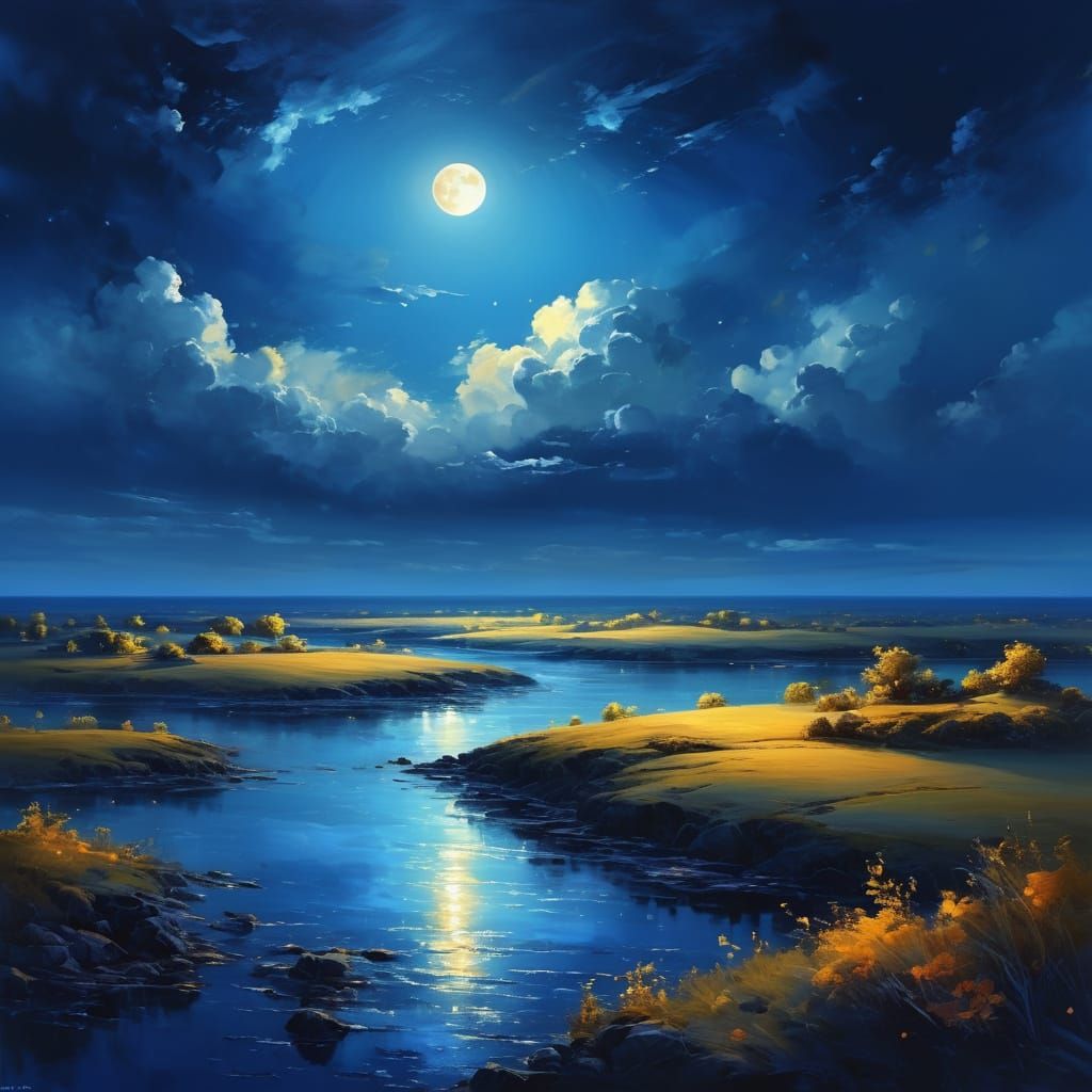 Majestic Moonlit Landscape in Vibrant Oil Painting