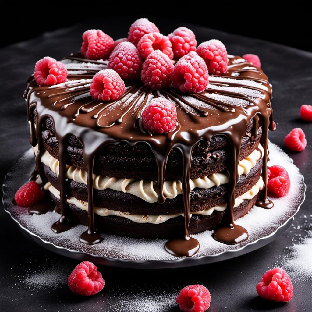 Decadent Chocolate Cake with Raspberries, Photorealistic Det...