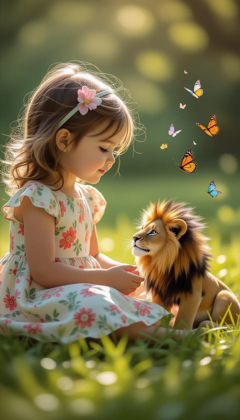 Girl Watching Miniature Lion in Grassy Field