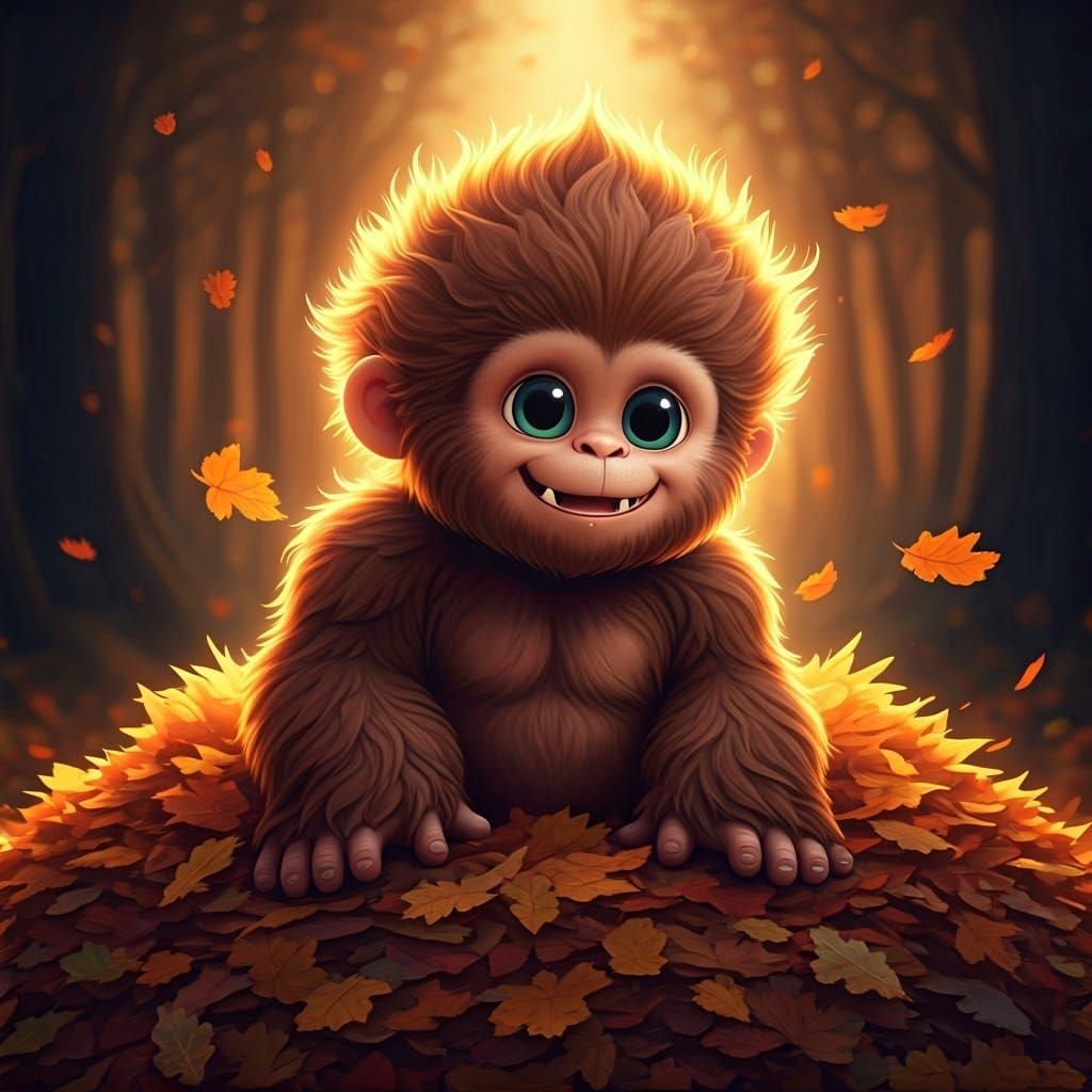 Adorable Baby Bigfoot Playing in Autumn Leaves