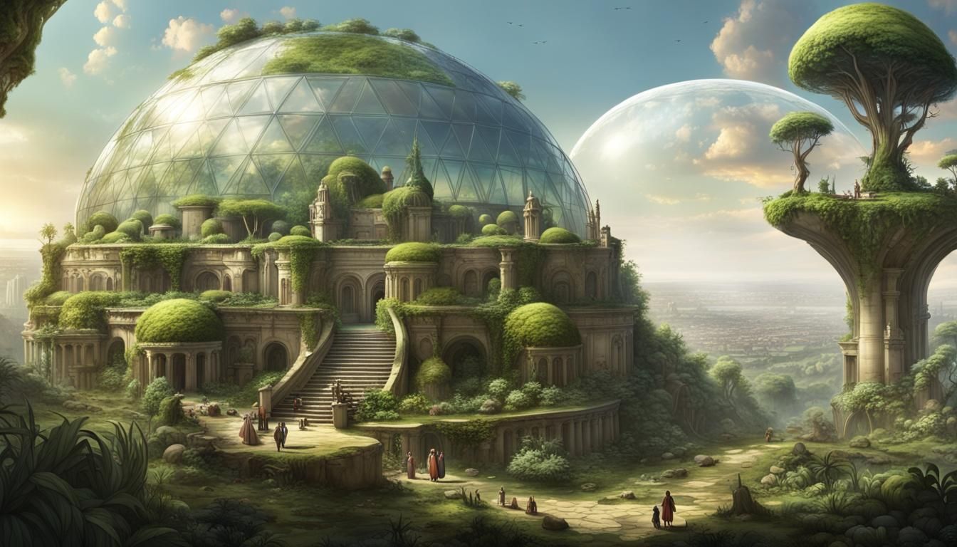 Lush Domed City Oasis Amidst Barren Wasteland