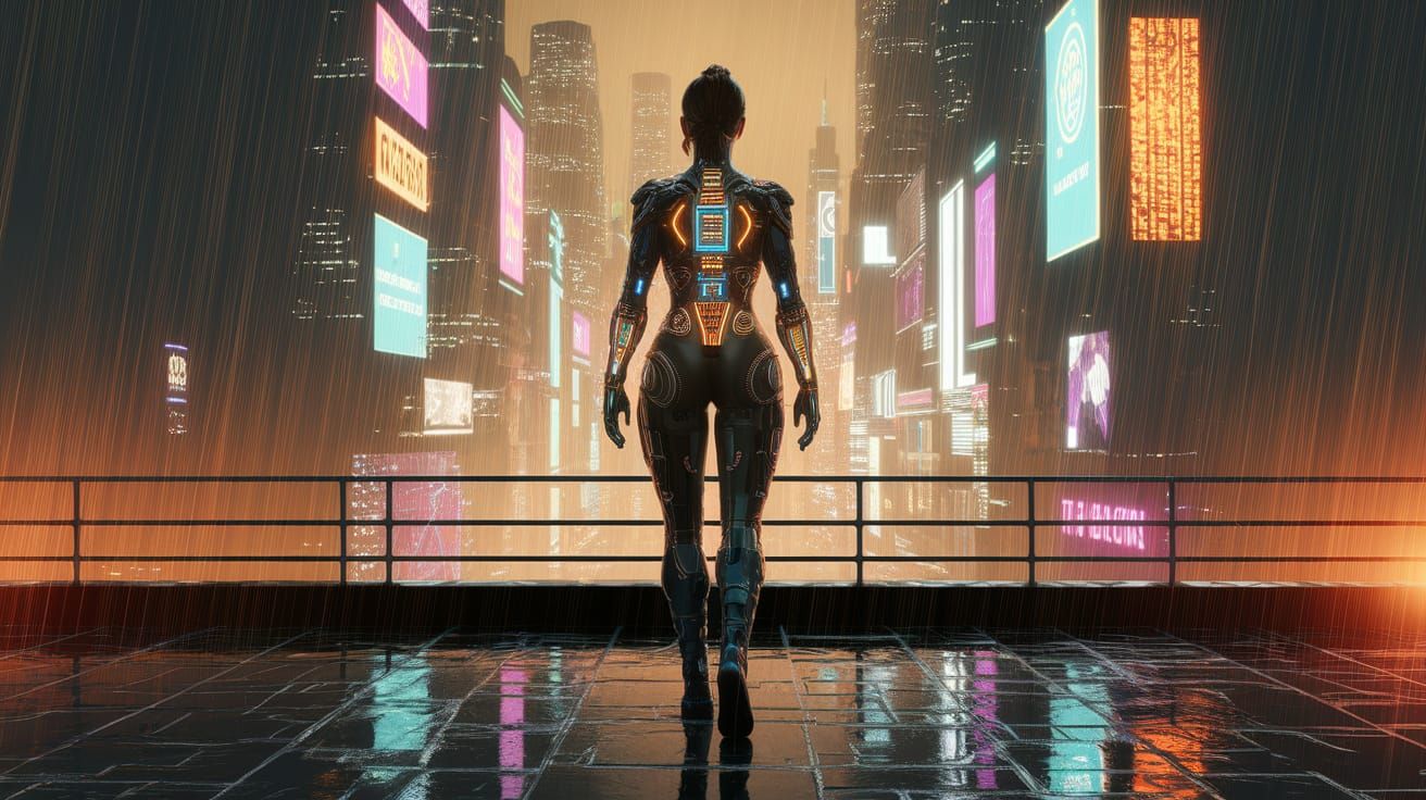 Cyberpunk Woman Overlooking Neon City in Graffiti Art Style