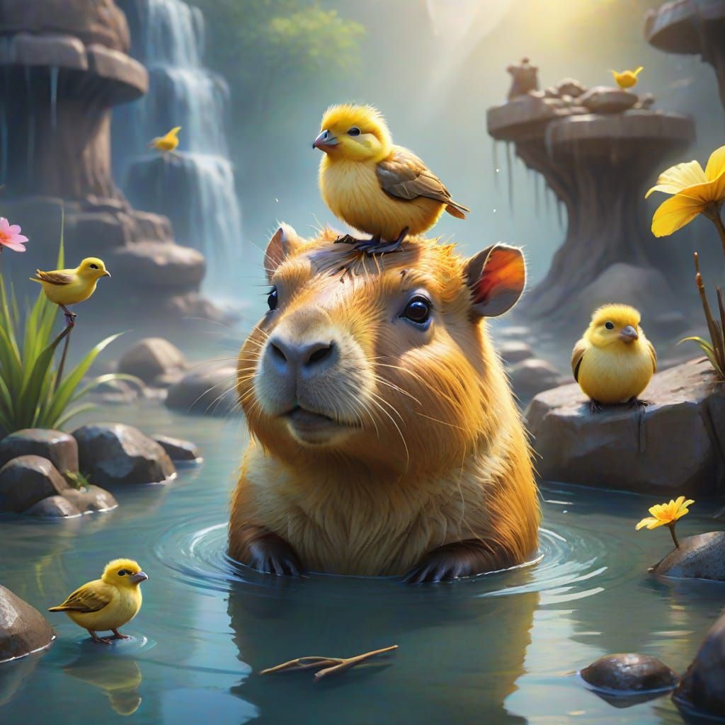 Cartoon Capybara and Bird in Hot Spring