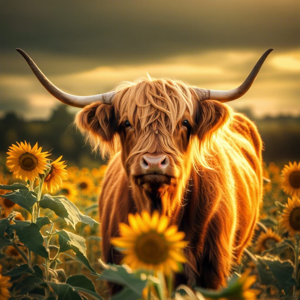 Highland Cow in Sunflower Field, Hyperrealistic HDR