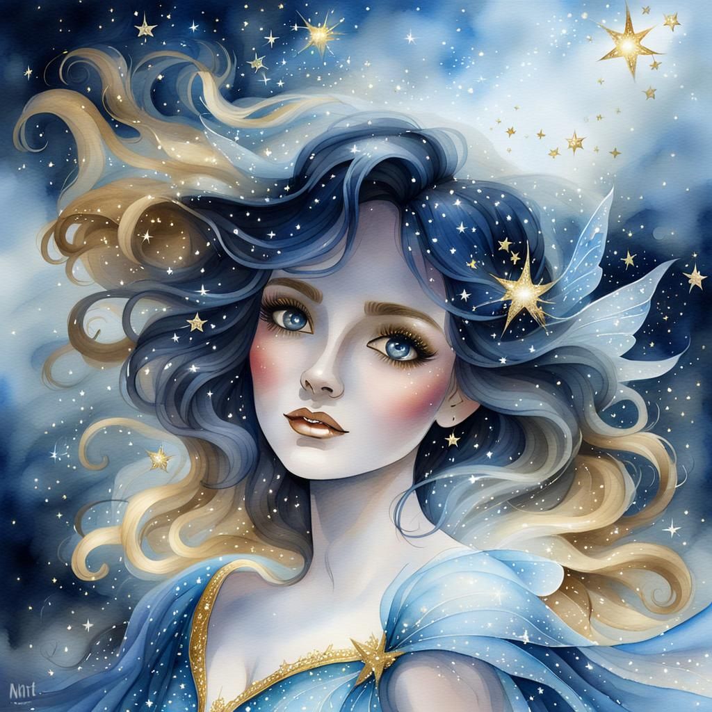 Fairy Godmother Emerges from Starry Fog in Watercolor