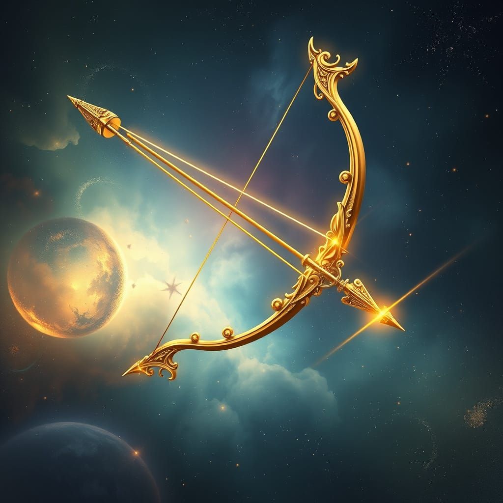 Ethereal Golden Bow and Arrow in Cosmic Nebula