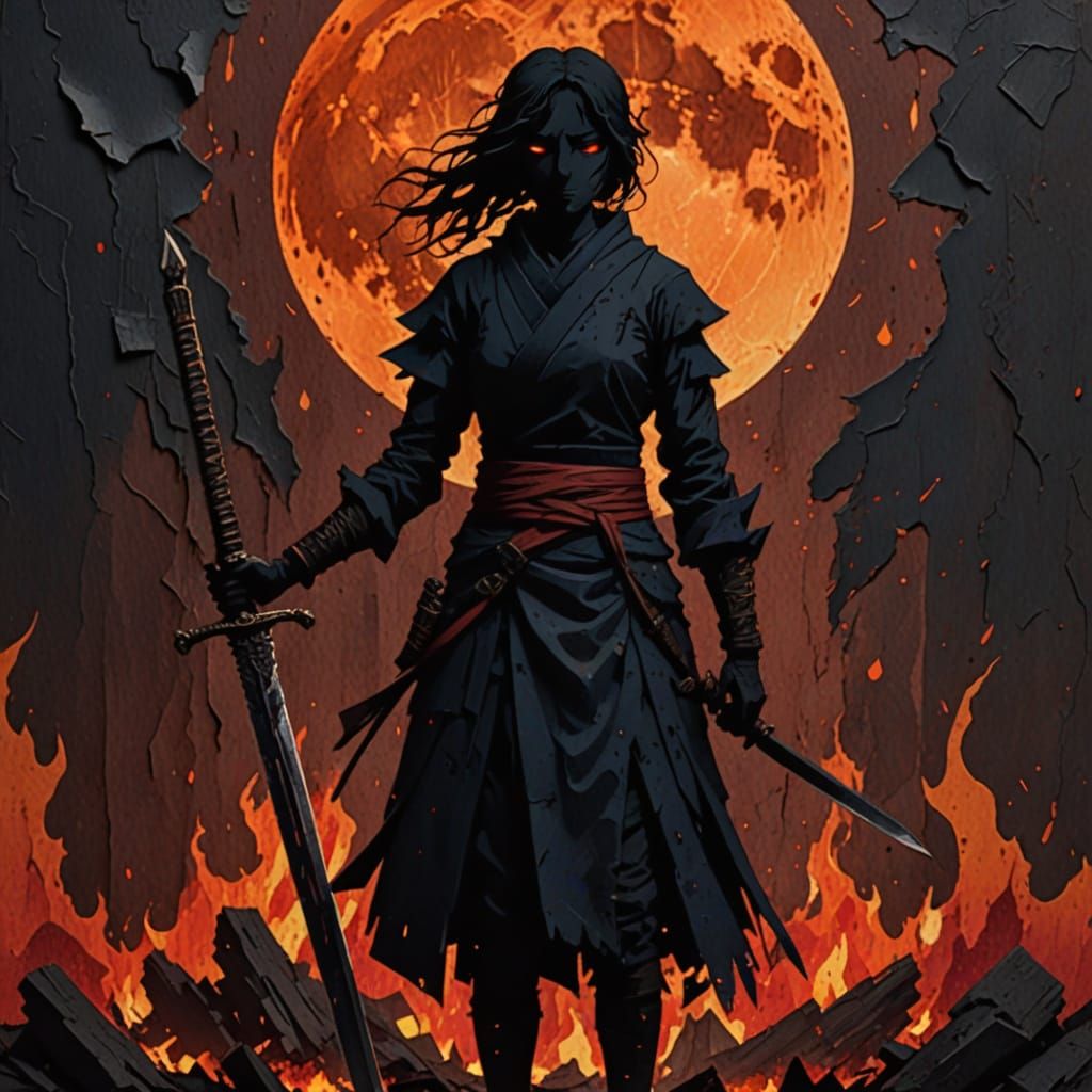 Chigiri-e Style Silhouette of Warrior Before Destruction