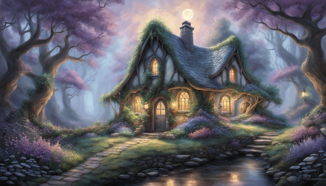 Magical Enchanted Forest Cottage with Glowing Mushrooms