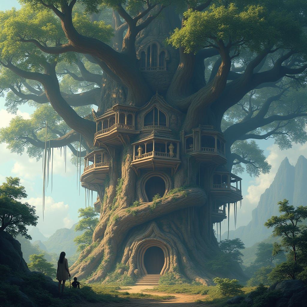 Mystical Tree Monolith in Dreamlike Setting