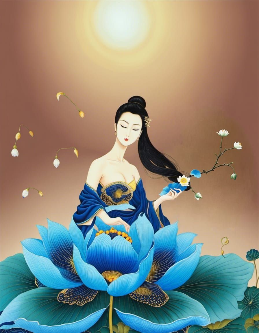 Blue Lotus in Ukiyo-e Style Embroidery