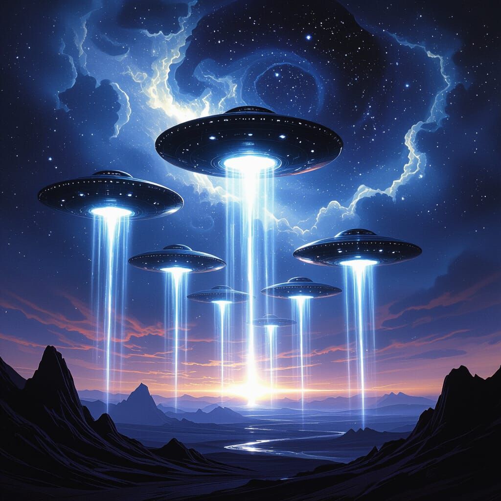 Alien Saucers Descend from Nebula Sky in Cinematic Style