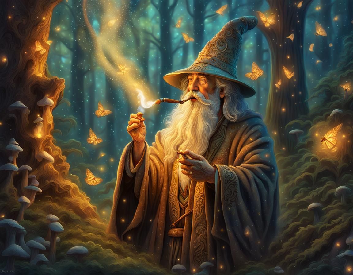 Mystical Wizard Smoking Pipe in Enchanted Forest