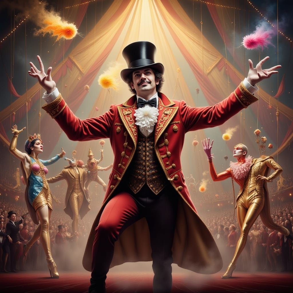 Dazzling Circus Scene with Ringmaster and Acrobats