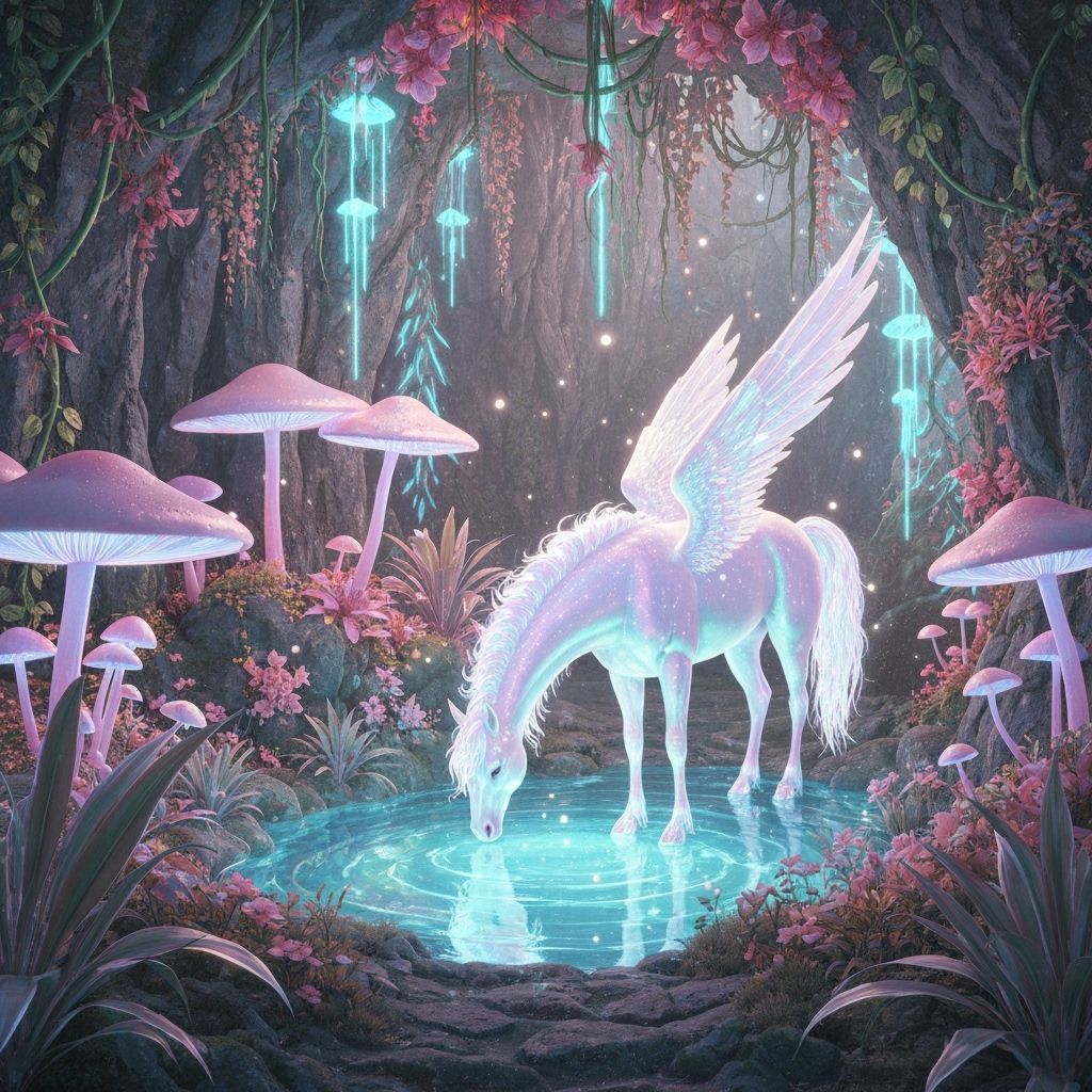 Shimmering Pegasus in Bioluminescent Grotto