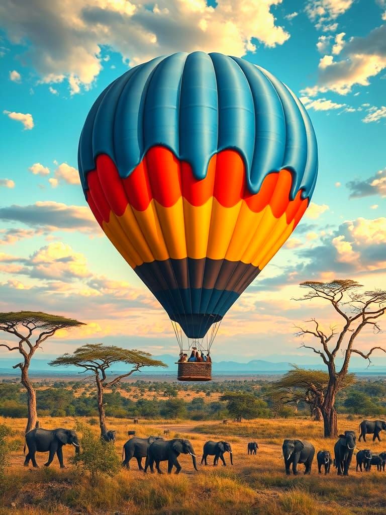 Surreal Hot Air Balloon Over African Landscape
