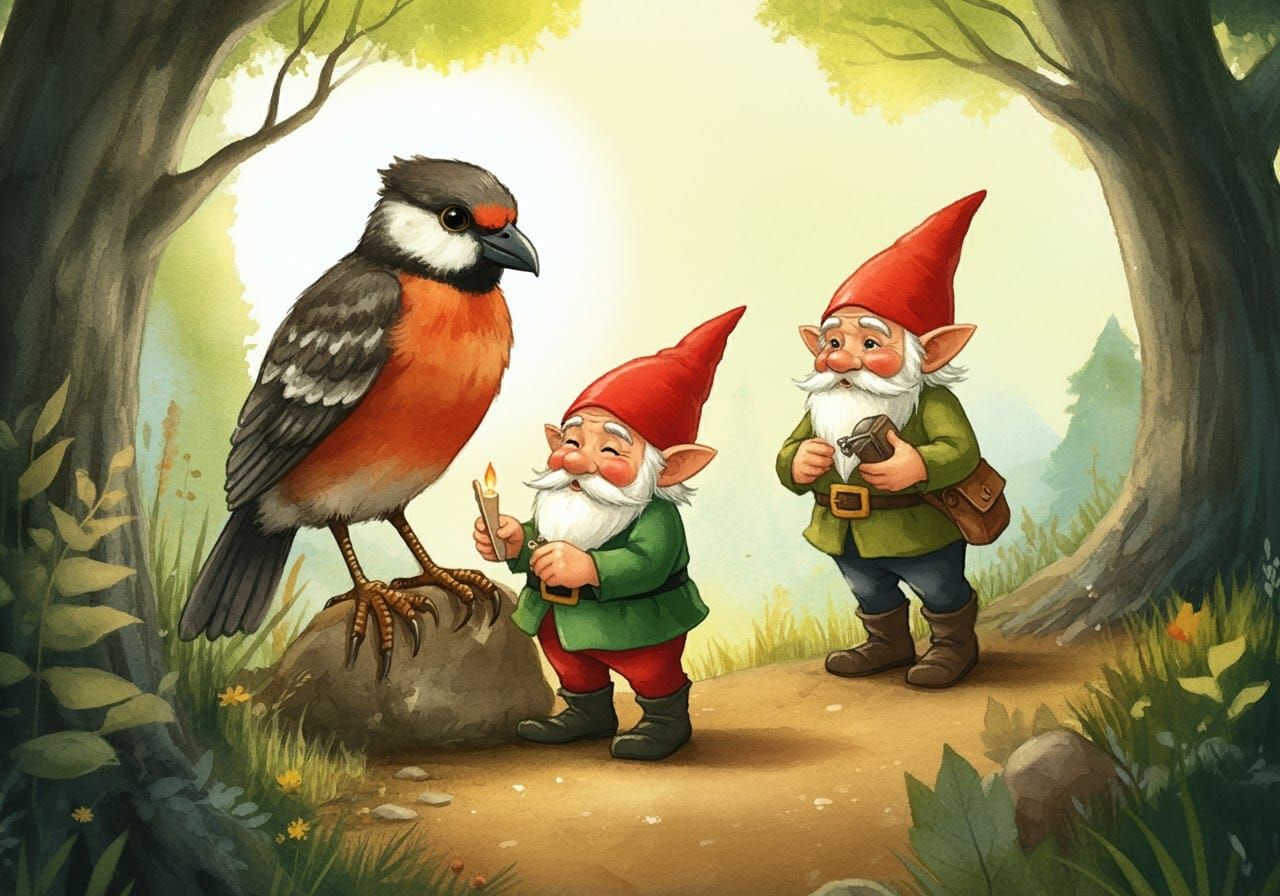 Gnomes Healing a Bird: Storybook Illustration