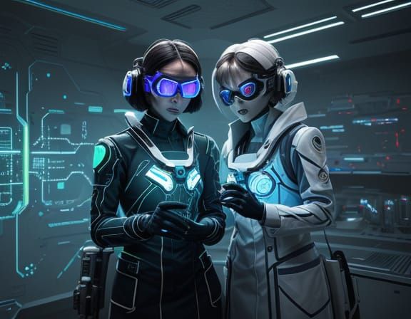 Futuristic Women in High-Tech Lab Coats Confront Each Other ...
